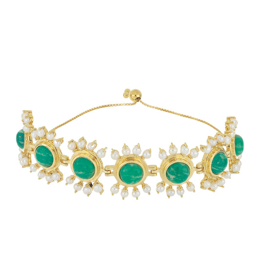 Arannyal Bevont Ezüst Karkötő Amazonittal és Fehér Édesvízi Kagylógyönggyel