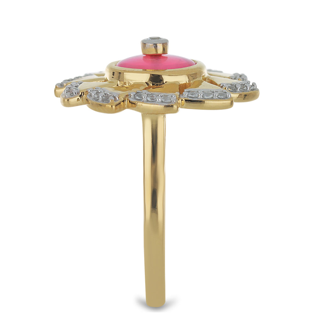 Arannyal Bevont Ezüst Gyűrű Rózsaszínű Opállal és Fehér Topázzal