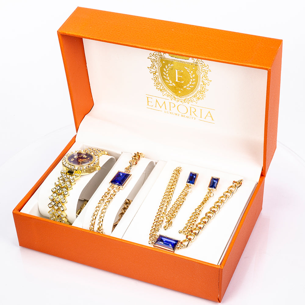 Arany tónusú Emporia Ötvözetű Szett Kék Emporia® Kristállyal és Fehér Emporia® Kristállyal ( Nyaklánc+Fülbevaló+Karkötő ) 1 