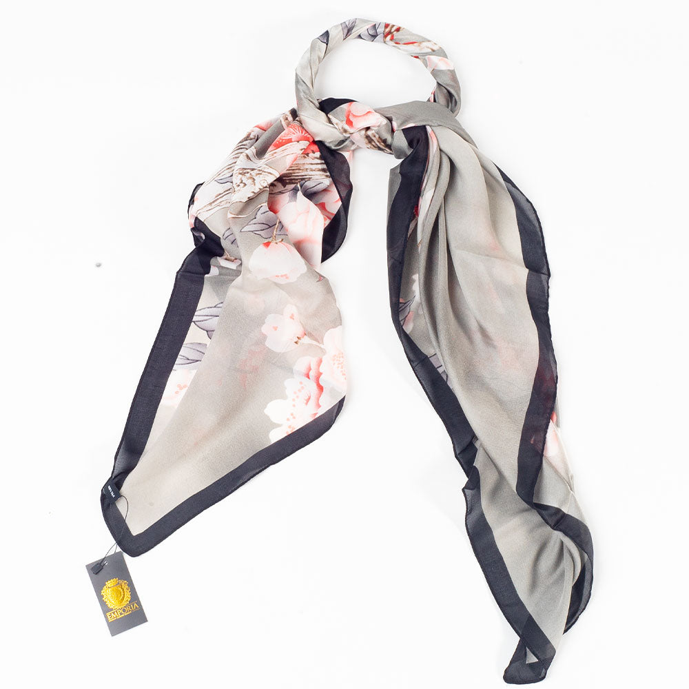 Virágfátyol Sál, 85 X 180 Cm, Szürke, 100% Vegán Selyem