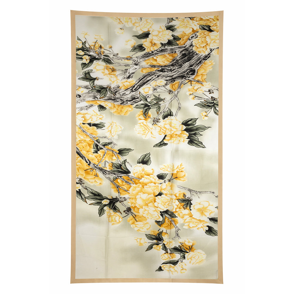 Virágba borult kert mintás sál, sárga, 85 × 180 cm, 100% vegán selyem 1 