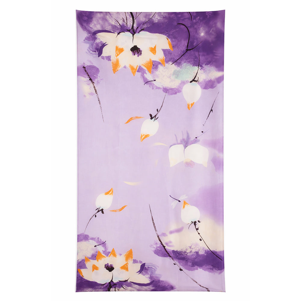 Éjjeli lótusz mintás sál, lila, 85 × 180 cm, 100% vegán selyem 1 