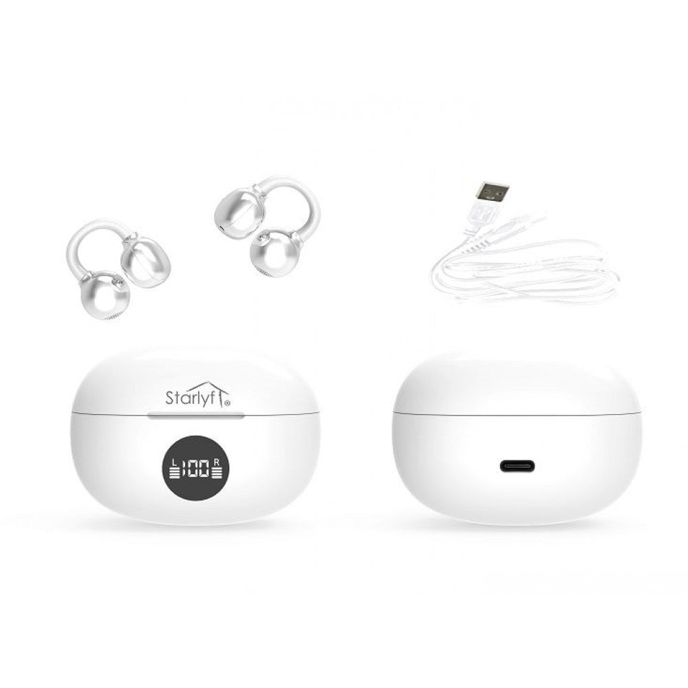 STARLYF CLIP-ON EARBUDS, Clip-on wireless earbuds with sound amplifier and multi-lingual real time translator, White
