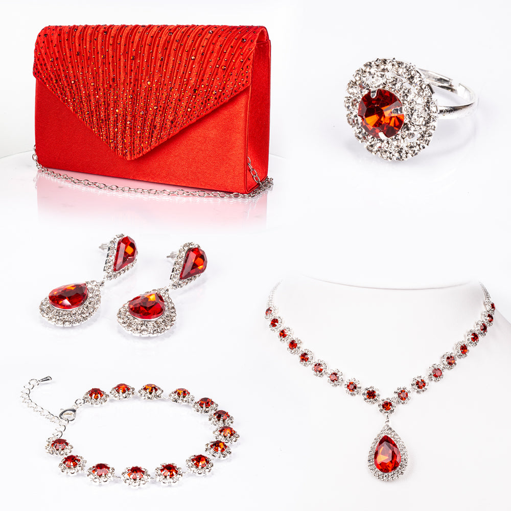 Arany tónusú Emporia Ötvözetű Táska Vörös Emporia® Kristállyal és Fehér Emporia® Kristállyal ( Nyaklánc+Fülbevaló+Karkötő+Gyűrű )