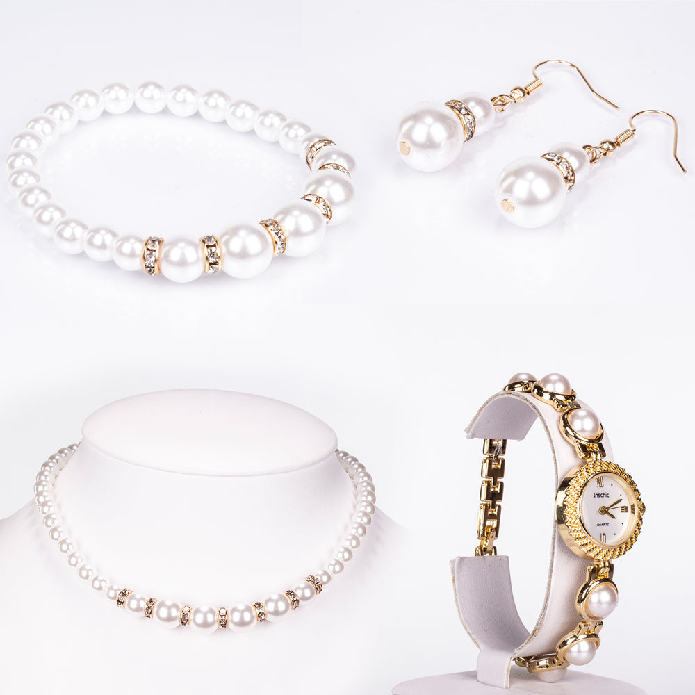 Arany tónusú Emporia Ötvözetű Óra Fehér Emporia® Kristállyal ( Nyaklánc+Fülbevaló+Karkötő )