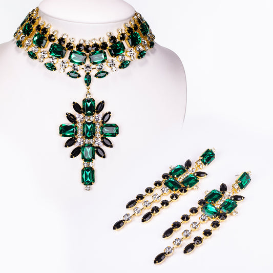 Arany tónusú Emporia Ötvözetű Szett Zöld Emporia® Kristállyal és Fehér Emporia® Kristállyal ( Nyaklánc+Fülbevaló )