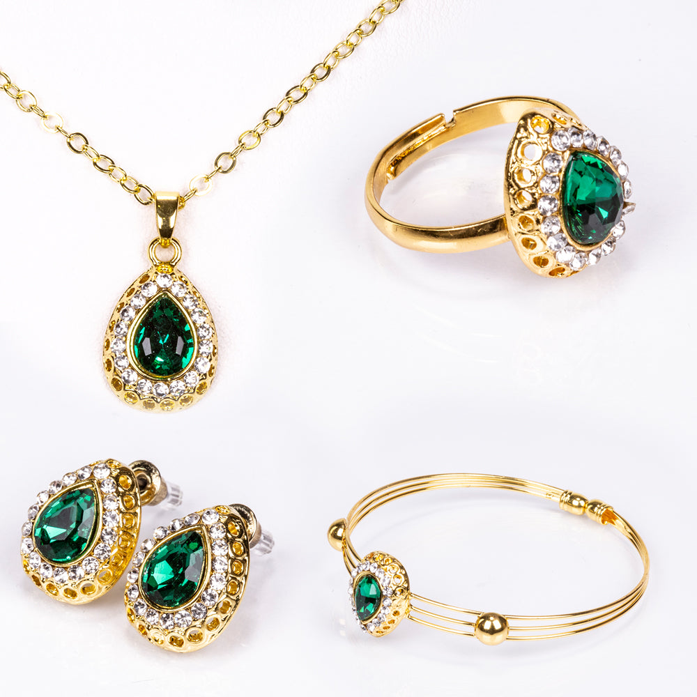 Arany tónusú Emporia Ötvözetű Szett Zöld Emporia® Kristállyal és Fehér Emporia® Kristállyal ( Nyaklánc+Fülbevaló+Karkötő+Gyűrű+Medál ) 1 