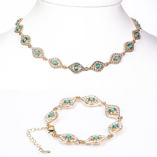 Arany tónusú Emporia Ötvözetű Szett Türkizzel és Fehér Emporia® Kristállyal ( Nyaklánc+Karkötő )