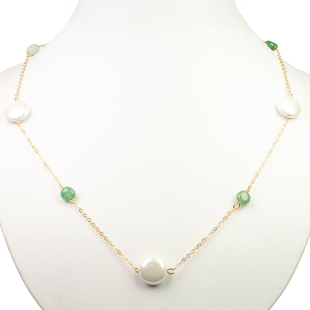 Arany tónusú Emporia Ötvözetű Nyaklánc Fehér Gyöngyházzal és Zöld Aventurinnal