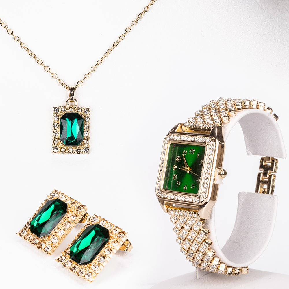 Arany tónusú Emporia Ötvözetű Óra Zöld Emporia® Kristállyal és Fehér Emporia® Kristállyal ( Nyaklánc+Fülbevaló+Medál ) 1 