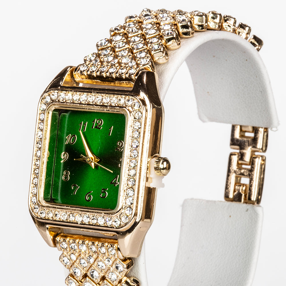 Arany tónusú Emporia Ötvözetű Óra Zöld Emporia® Kristállyal és Fehér Emporia® Kristállyal ( Nyaklánc+Fülbevaló+Medál ) 6 