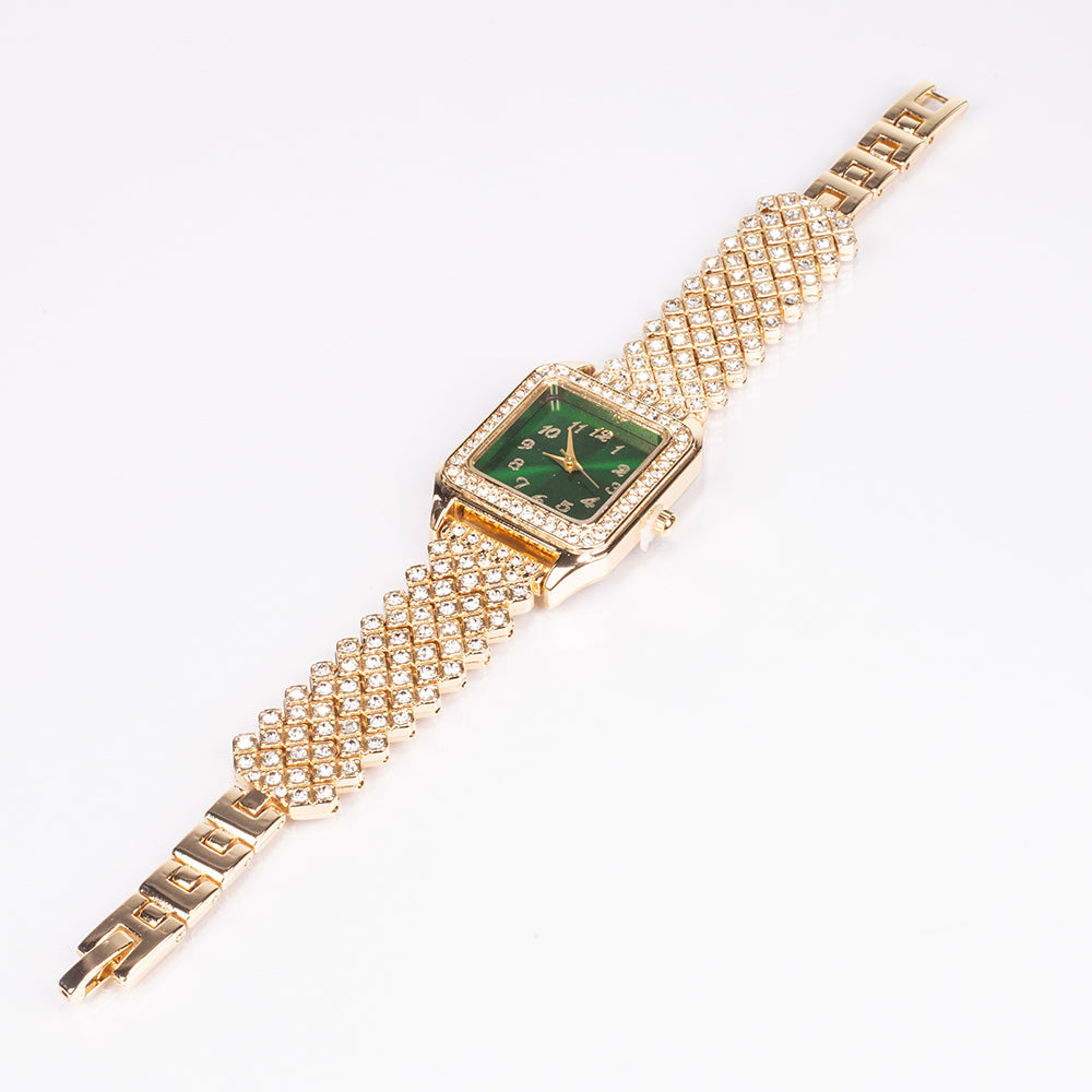 Arany tónusú Emporia Ötvözetű Óra Zöld Emporia® Kristállyal és Fehér Emporia® Kristállyal ( Nyaklánc+Fülbevaló+Medál ) 8 