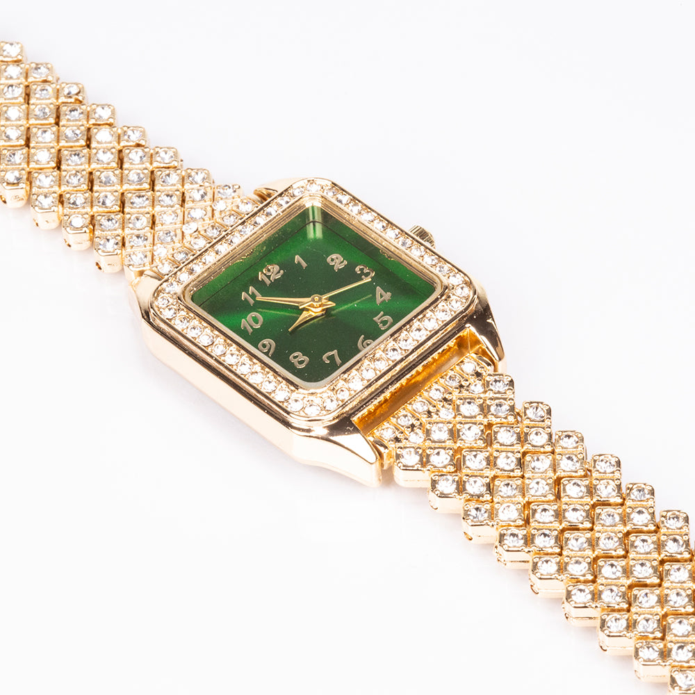 Arany tónusú Emporia Ötvözetű Óra Zöld Emporia® Kristállyal és Fehér Emporia® Kristállyal ( Nyaklánc+Fülbevaló+Medál )