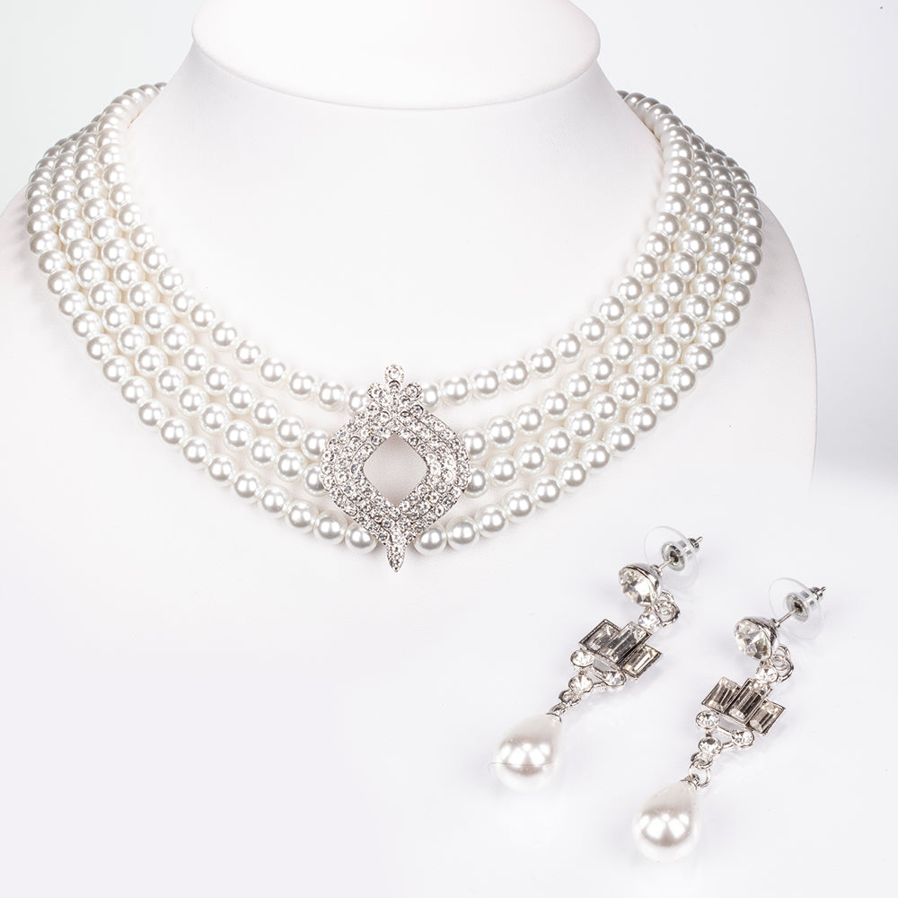 Arany tónusú Emporia Ötvözetű Szett Üveggyönggyel és Fehér Emporia® Kristállyal ( Nyaklánc+Fülbevaló ) 1 