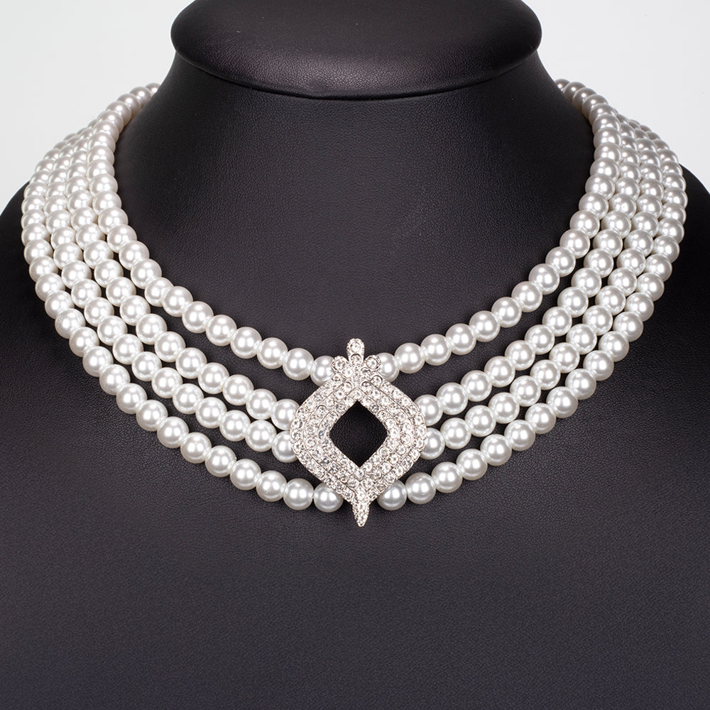 Arany tónusú Emporia Ötvözetű Szett Üveggyönggyel és Fehér Emporia® Kristállyal ( Nyaklánc+Fülbevaló )