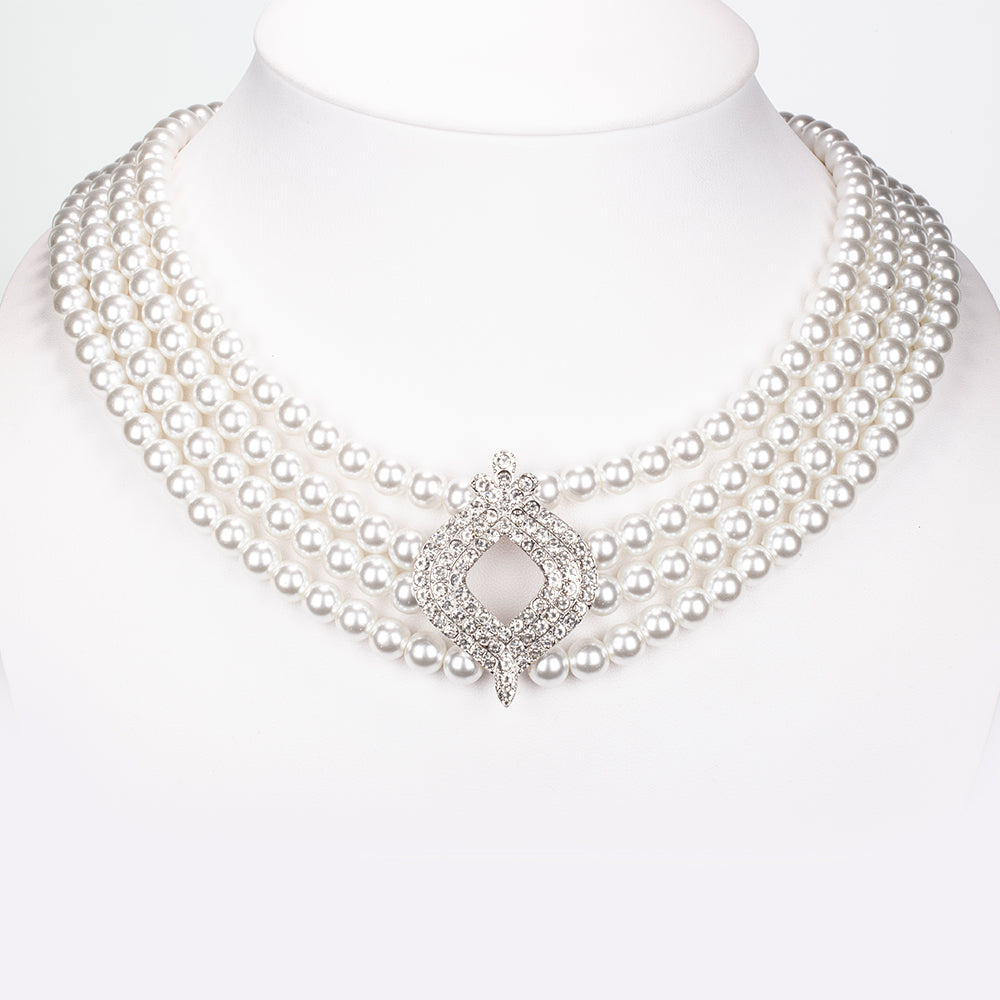 Arany tónusú Emporia Ötvözetű Szett Üveggyönggyel és Fehér Emporia® Kristállyal ( Nyaklánc+Fülbevaló ) 5 