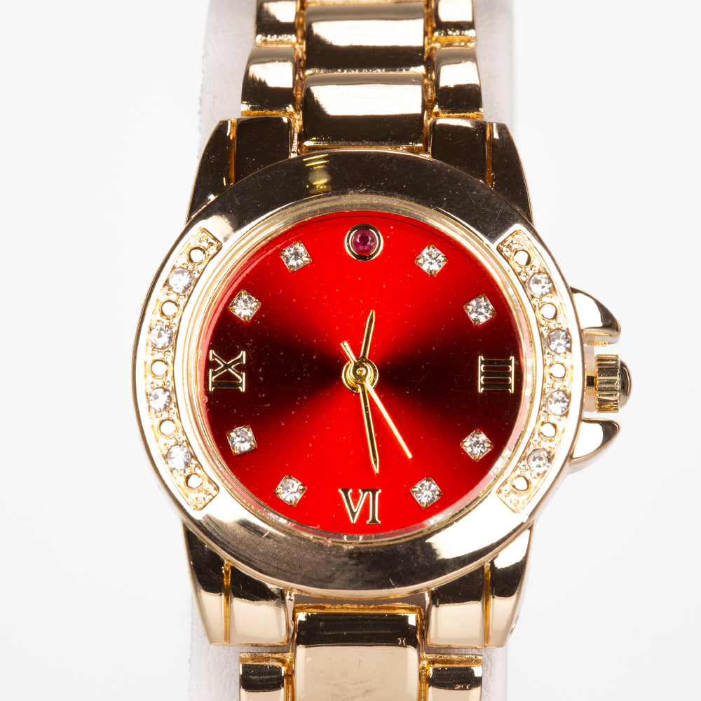 Arany tónusú Emporia Ötvözetű Óra Rubinnal és Fehér Emporia® Kristállyal ( Nyaklánc+Fülbevaló+Medál )