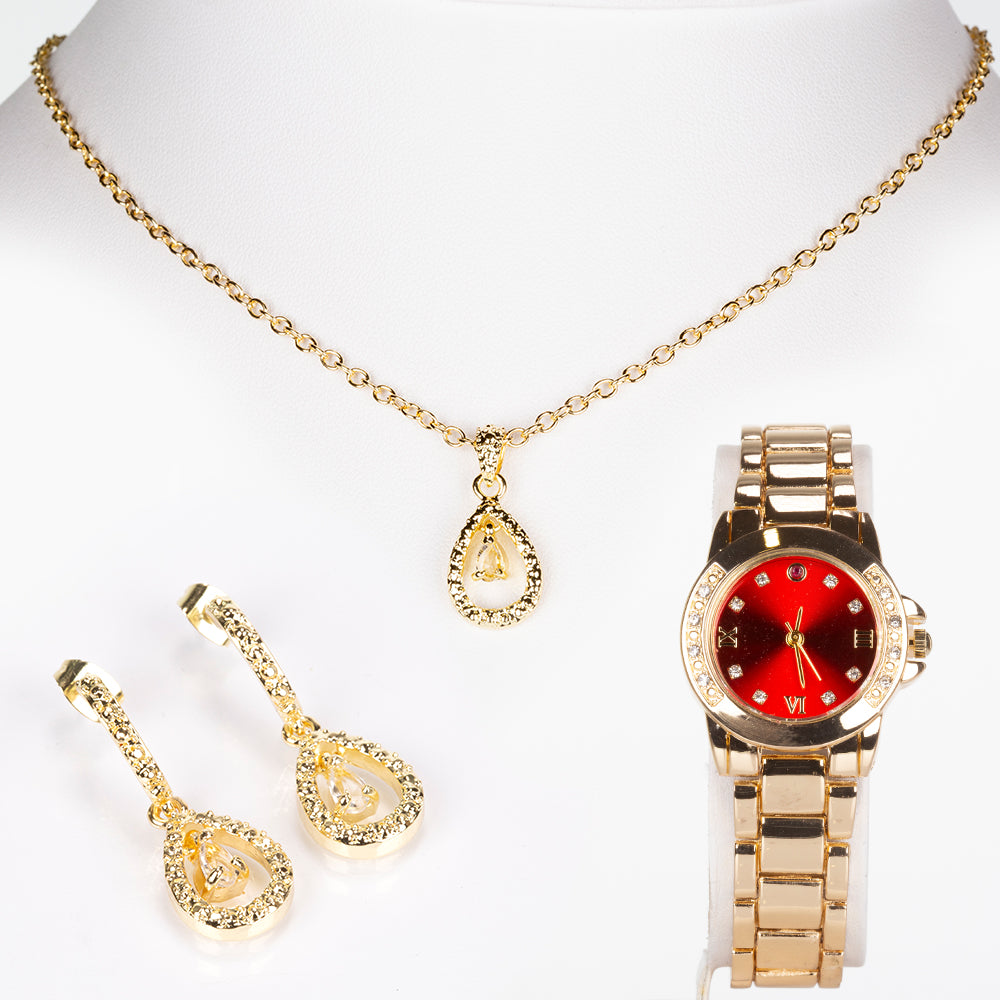 Arany tónusú Emporia Ötvözetű Óra Rubinnal és Fehér Emporia® Kristállyal ( Nyaklánc+Fülbevaló+Medál ) 1 