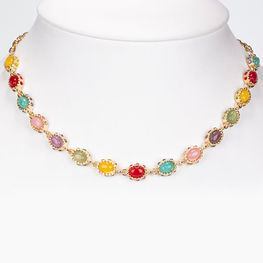 Arany tónusú Emporia Ötvözetű Nyaklánc Vörös Acháttal és Ametiszttel