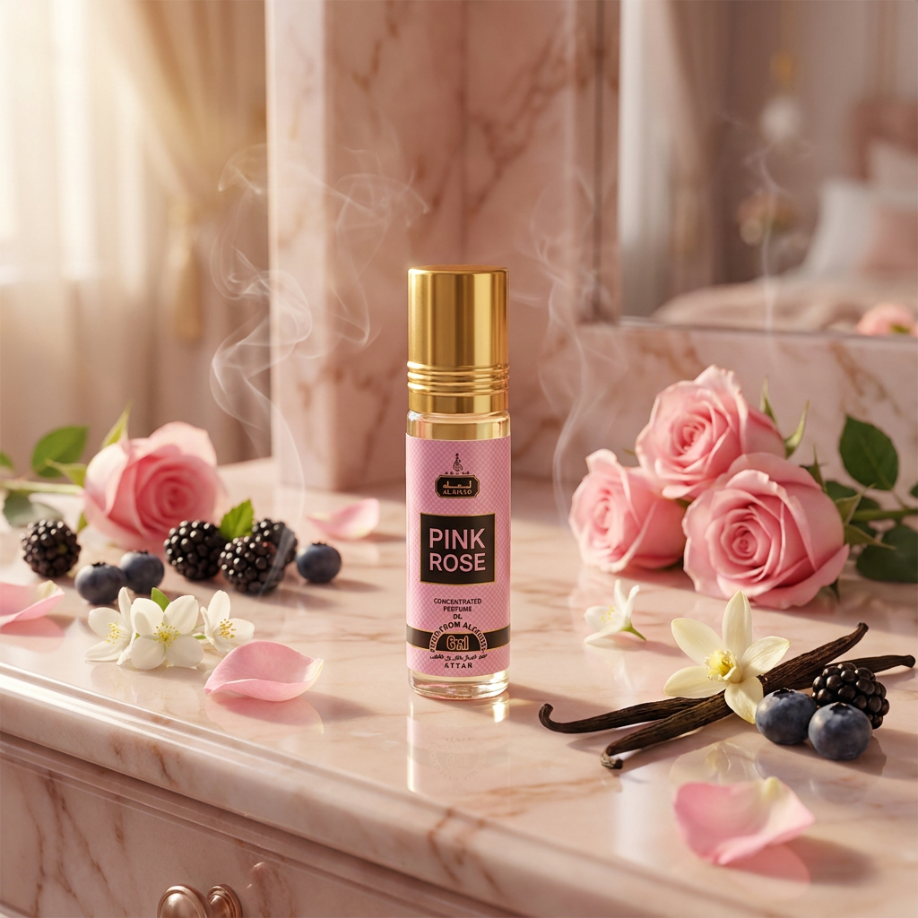 PINK ROSE 6 ml perfume oil (TOP: CASSIS, PINAPPLE, PINK PEPPER; MIDDLE: ROSE, JASMINE, MUGUET; BASE: PATCHOULI, INNCENSE, VANILLA, MUSK)