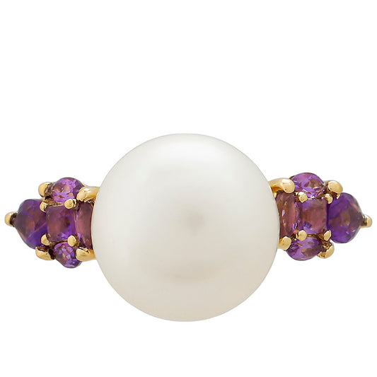 9 Karátos Arany Gyűrű Ametiszttel és Fehér Édesvízi Kagylógyönggyel