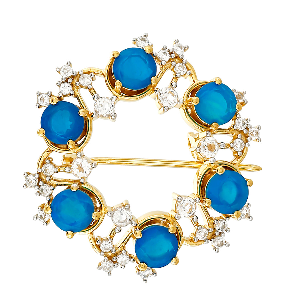 Arannyal Bevont Ezüst Bross Etiópiai Paraiba Kék Opállal és Fehér Topázzal 1 