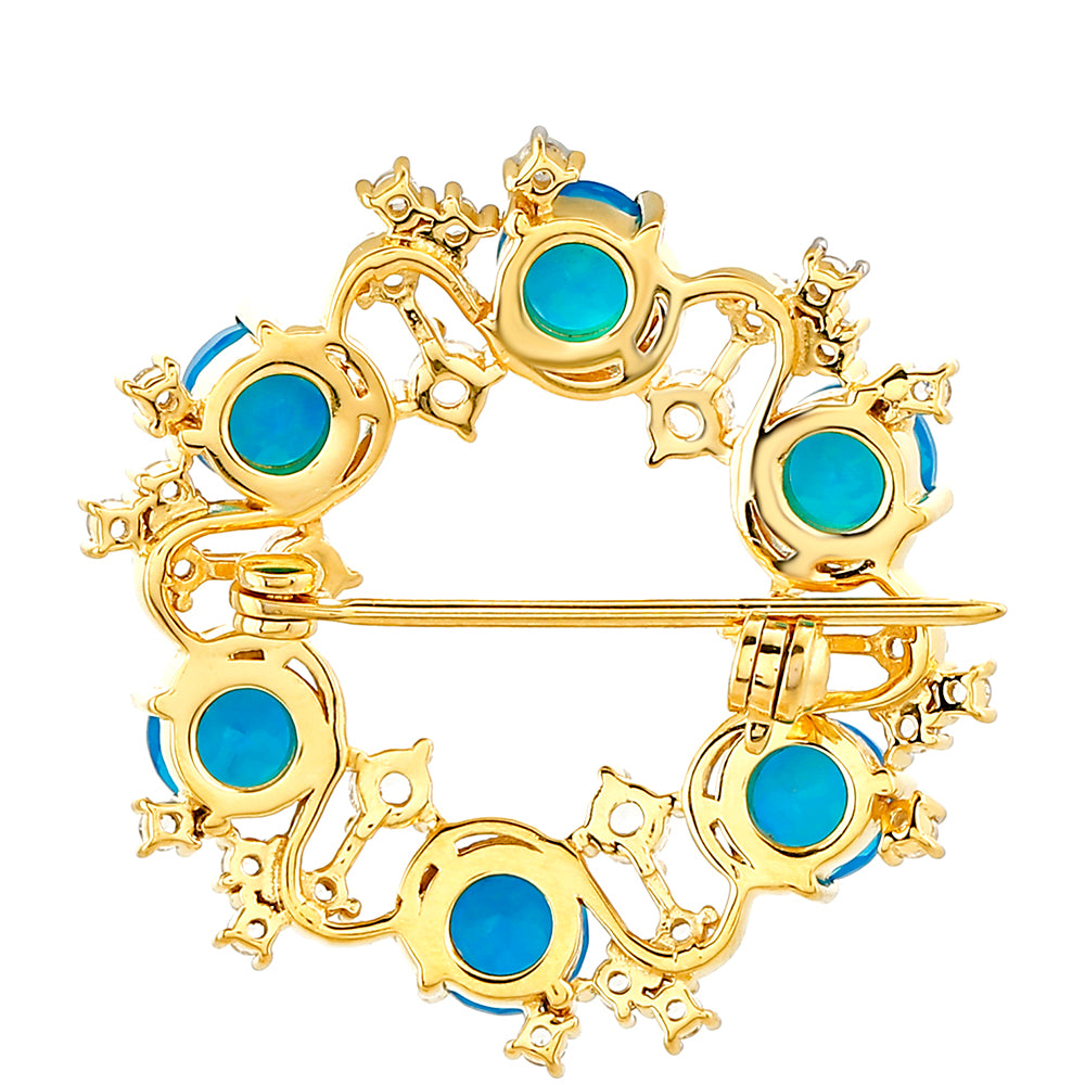 Arannyal Bevont Ezüst Bross Etiópiai Paraiba Kék Opállal és Fehér Topázzal 2 