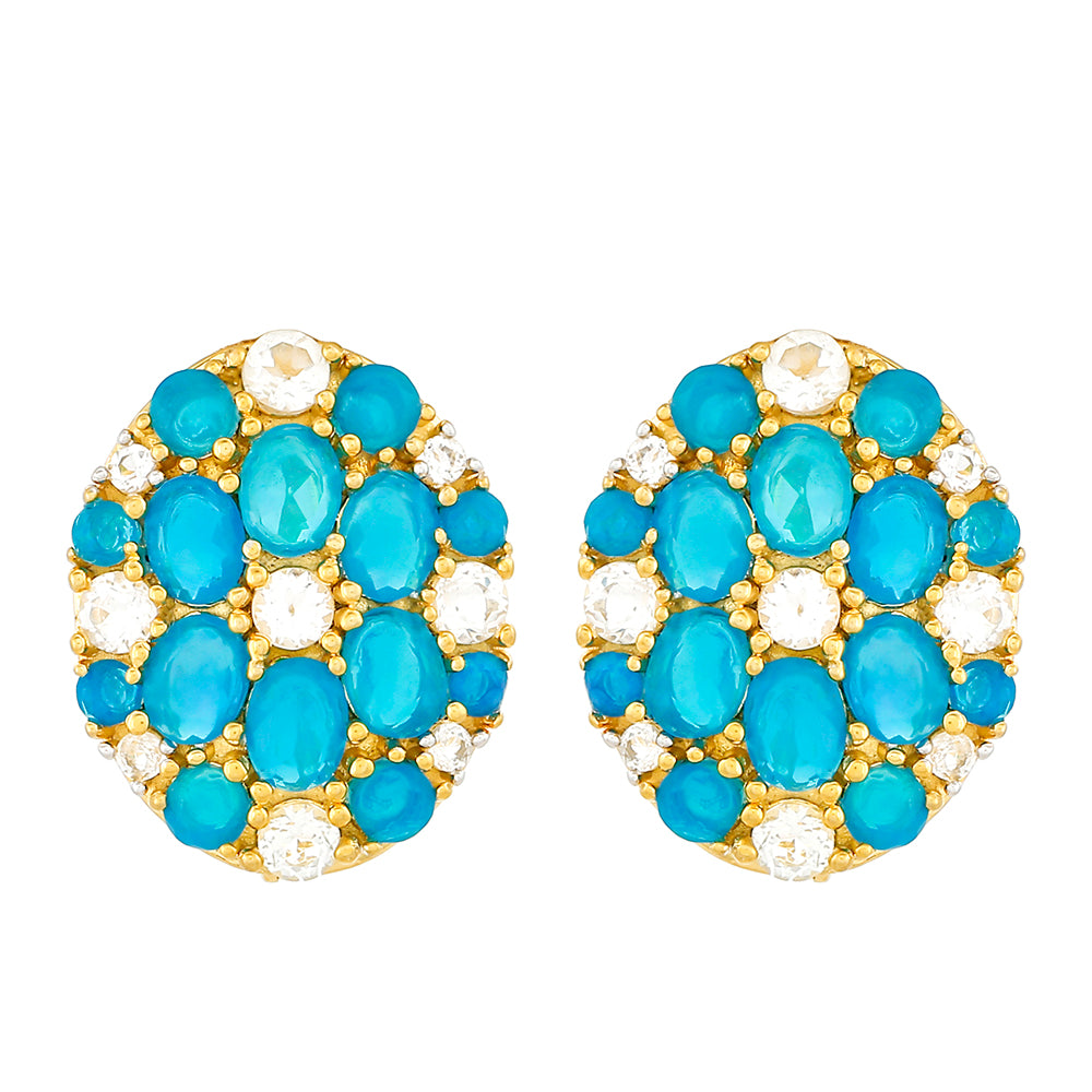 Arannyal Bevont Ezüst Fülbevaló Etiópiai Paraiba Kék Opállal és Fehér Topázzal