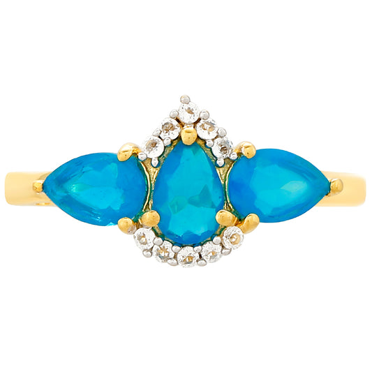 Arannyal Bevont Ezüst Gyűrű Etiópiai Paraiba Kék Opállal és Fehér Topázzal