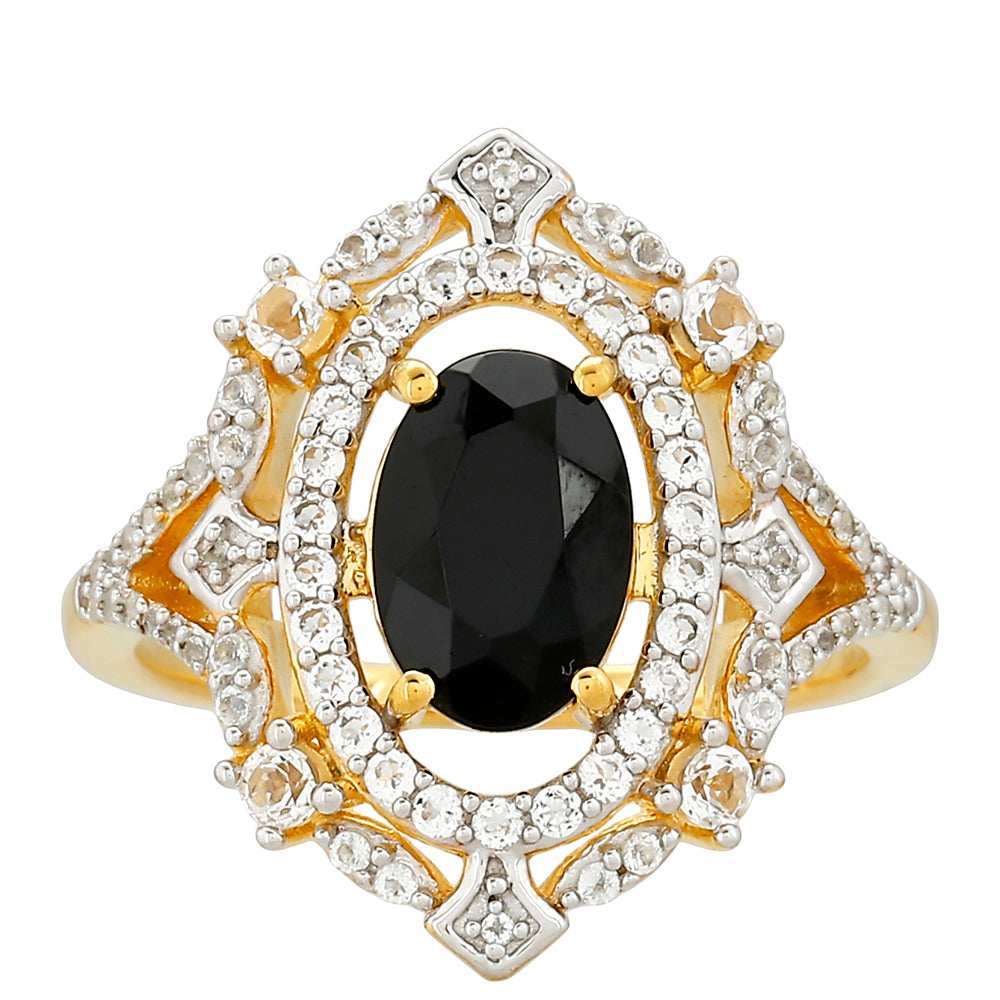 Arannyal Bevont Ezüst Gyűrű Fekete Turmalinnal és Fehér Topázzal