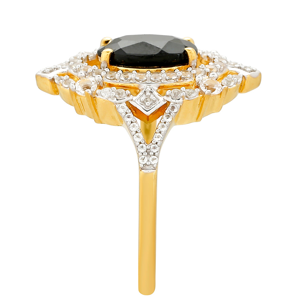 Arannyal Bevont Ezüst Gyűrű Fekete Turmalinnal és Fehér Topázzal