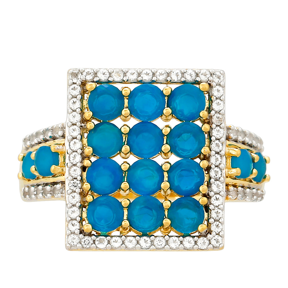 Arannyal Bevont Ezüst Gyűrű Etiópiai Paraiba Kék Opállal és Fehér Topázzal