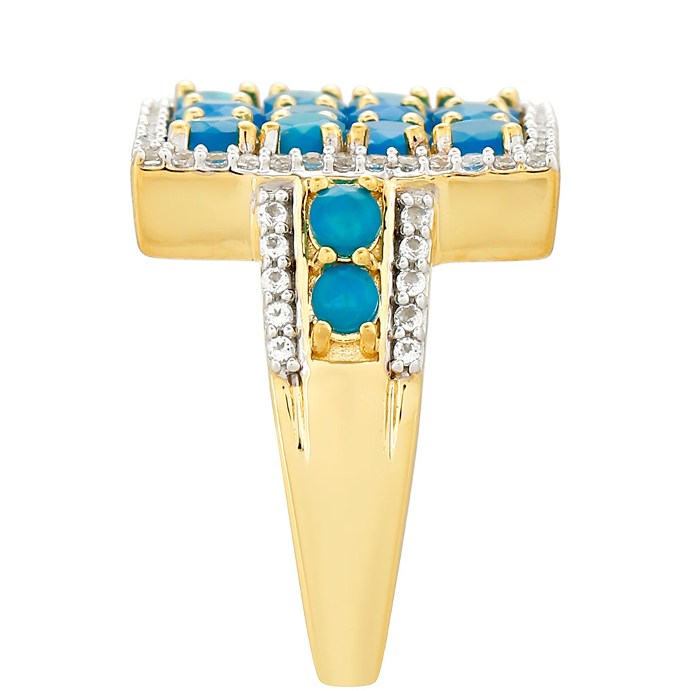 Arannyal Bevont Ezüst Gyűrű Etiópiai Paraiba Kék Opállal és Fehér Topázzal