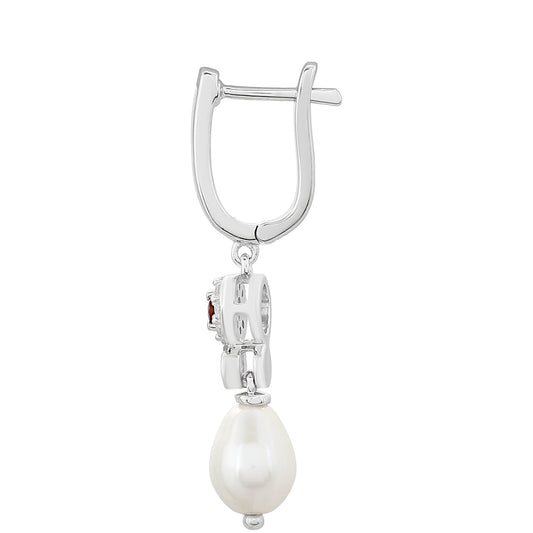 Ezüst Fülbevaló Gránáttal és Fehér Édesvízi Kagylógyönggyel