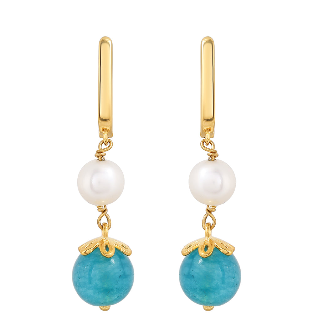 Arannyal Bevont Ezüst Fülbevaló Paraiba Kvarccal és Fehér Édesvízi Kagylógyönggyel 1 