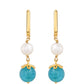 Arannyal Bevont Ezüst Fülbevaló Paraiba Kvarccal és Fehér Édesvízi Kagylógyönggyel