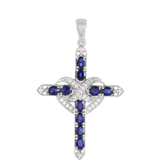 Kereszt Ezüst Medál Thai Zafírral és Fehér Topázzal