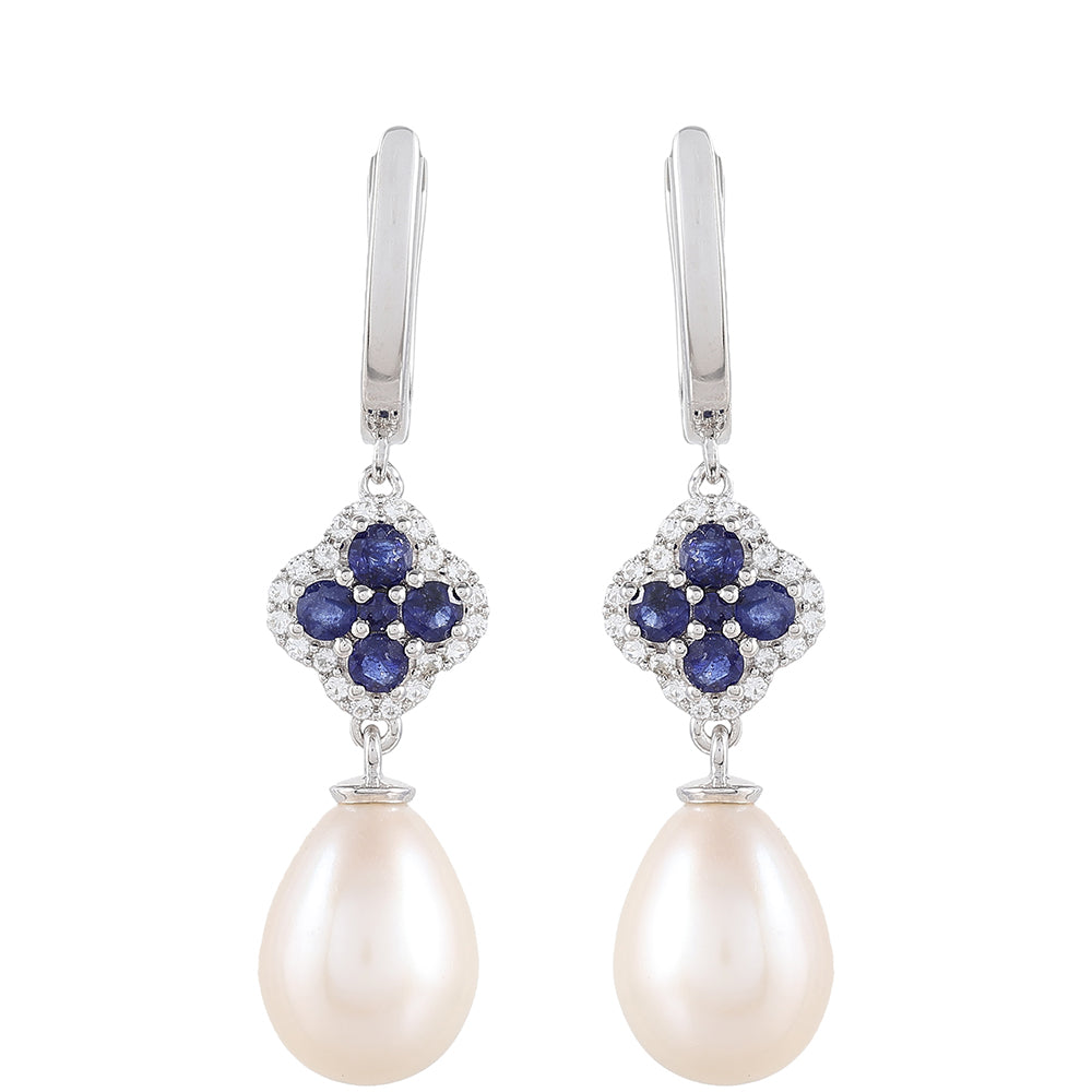 Ezüst Fülbevaló Thai Zafírral és Fehér Édesvízi Kagylógyönggyel 1 