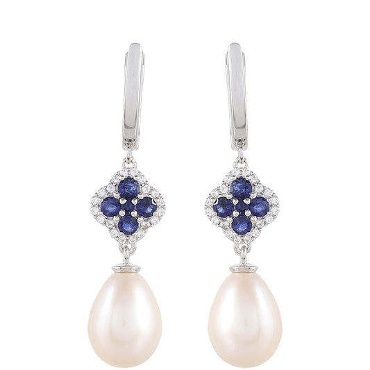 Ezüst Fülbevaló Thai Zafírral és Fehér Édesvízi Kagylógyönggyel