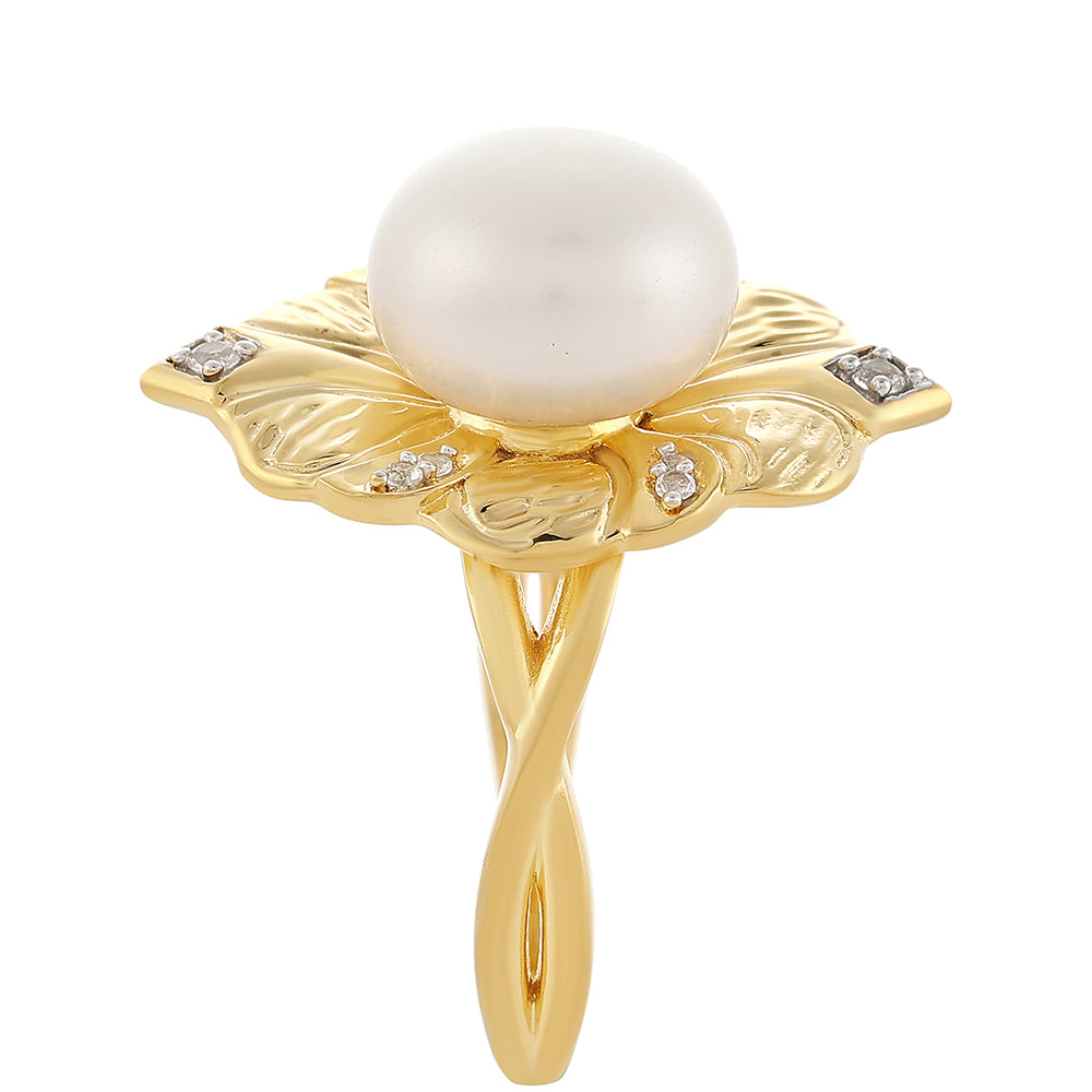 Arannyal Bevont Ezüst Gyűrű Barokk Édesvízi Tenyésztett Gyönggyel és Fehér Topázzal 2 