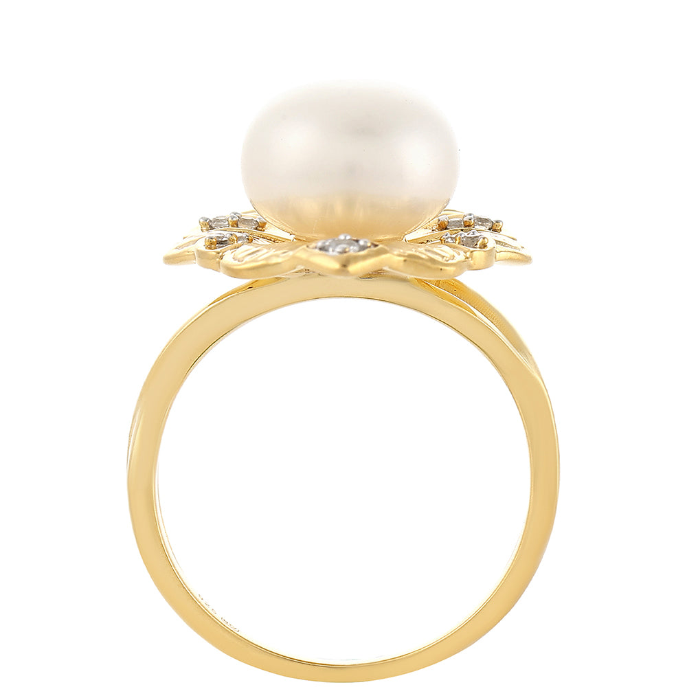 Arannyal Bevont Ezüst Gyűrű Barokk Édesvízi Tenyésztett Gyönggyel és Fehér Topázzal 3 