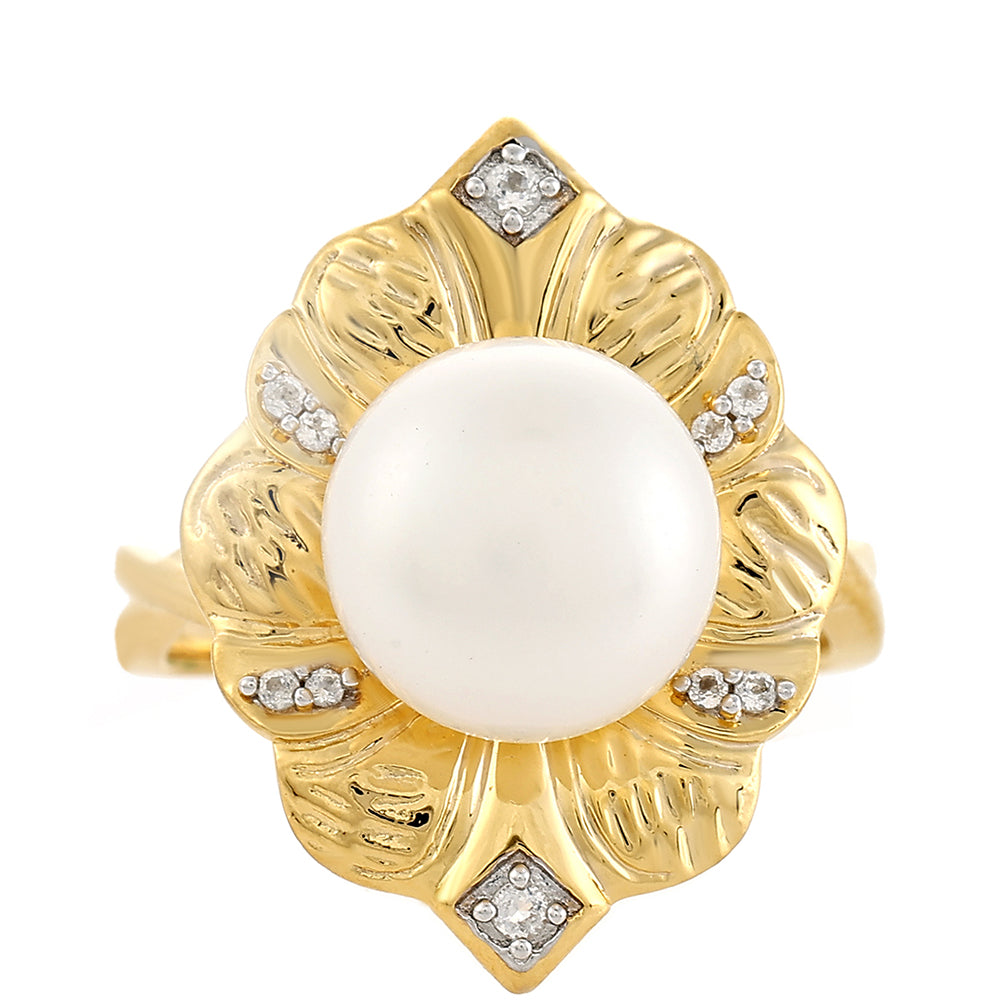 Arannyal Bevont Ezüst Gyűrű Barokk Édesvízi Tenyésztett Gyönggyel és Fehér Topázzal