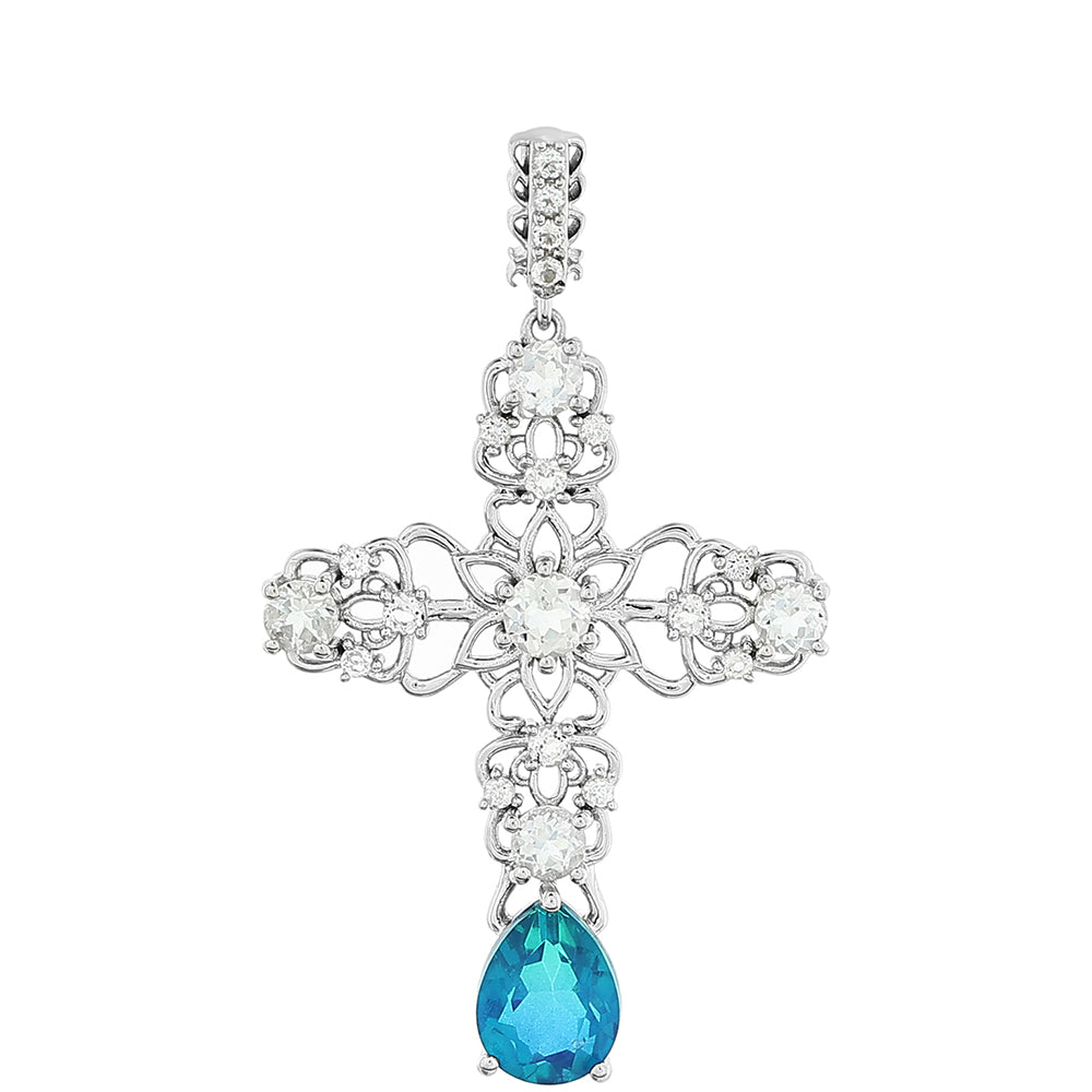 Kereszt Ezüst Medál Páva Kvarccal és Fehér Topázzal 1 