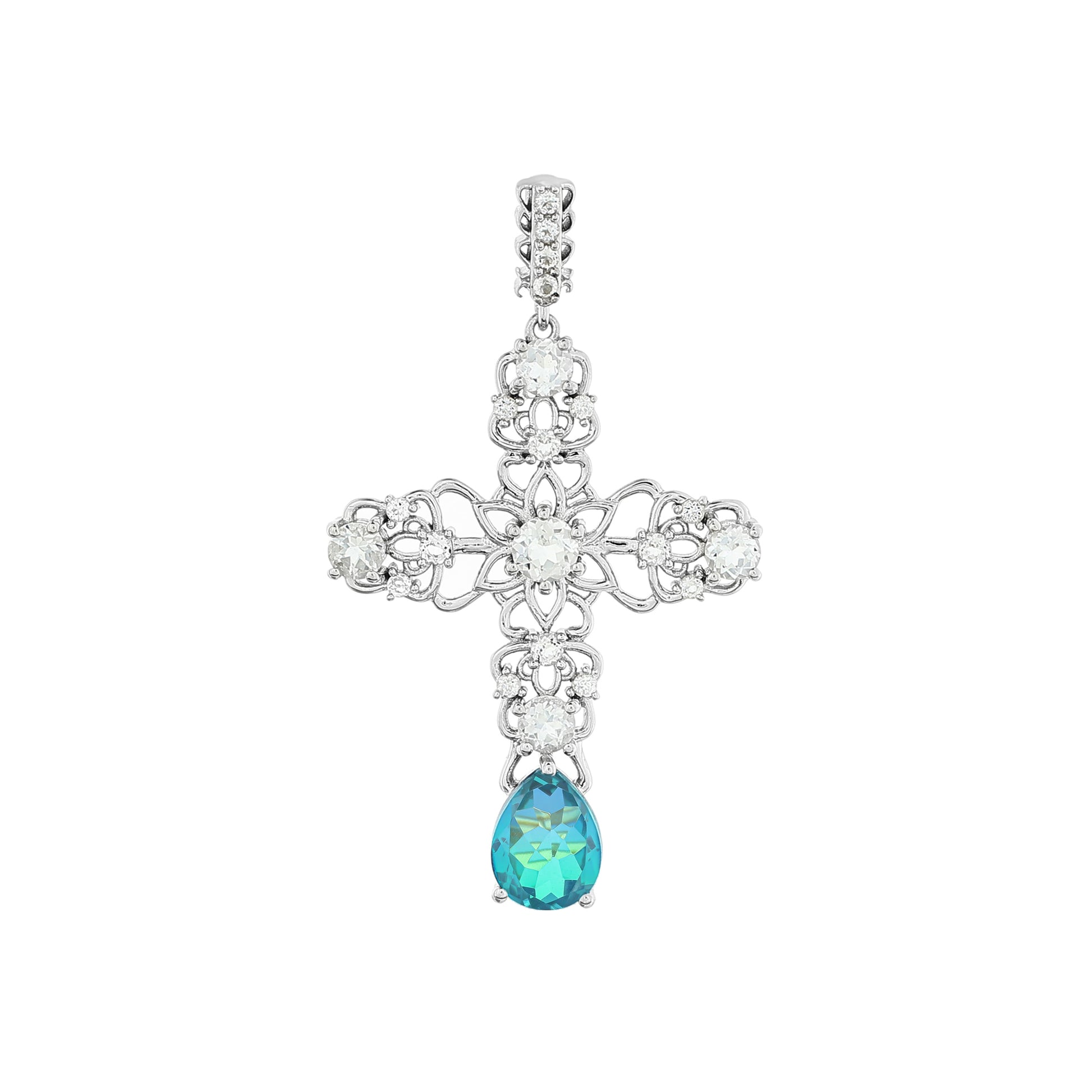 Kereszt Ezüst Medál Páva Kvarccal és Fehér Topázzal 4 