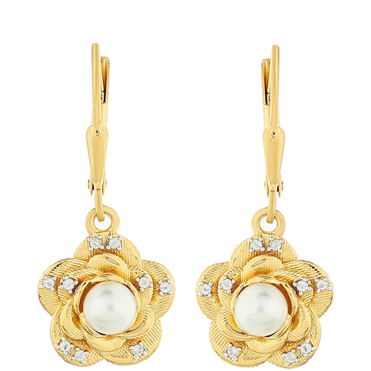Arannyal Bevont Ezüst Fülbevaló Barokk Édesvízi Tenyésztett Gyönggyel és Fehér Topázzal