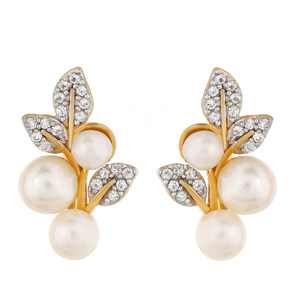 Arannyal Bevont Ezüst Fülbevaló Barokk Édesvízi Tenyésztett Gyönggyel és Fehér Topázzal