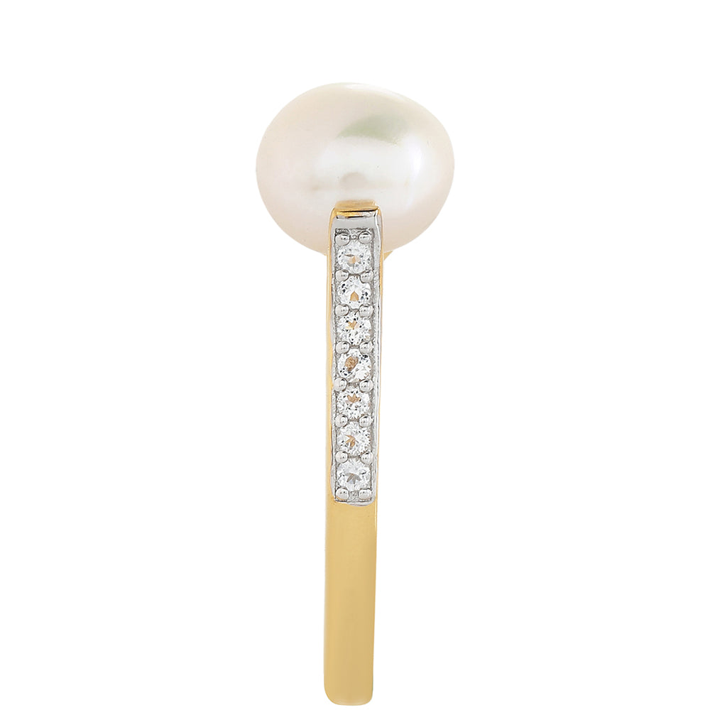 Arannyal Bevont Ezüst Gyűrű Barokk Édesvízi Tenyésztett Gyönggyel és Fehér Topázzal