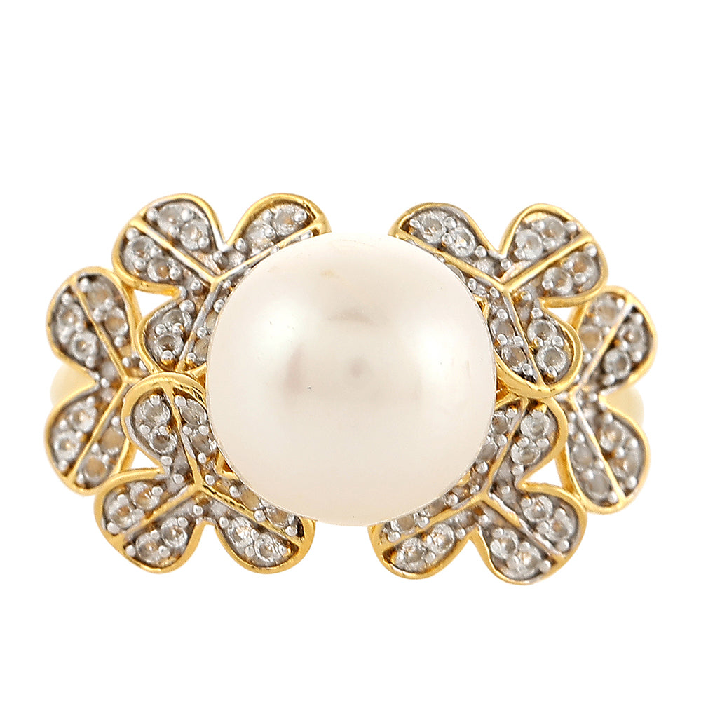 Arannyal Bevont Ezüst Gyűrű Barokk Édesvízi Tenyésztett Gyönggyel és Fehér Topázzal