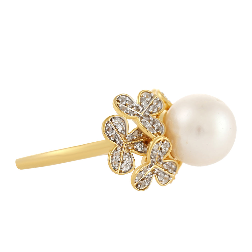 Arannyal Bevont Ezüst Gyűrű Barokk Édesvízi Tenyésztett Gyönggyel és Fehér Topázzal