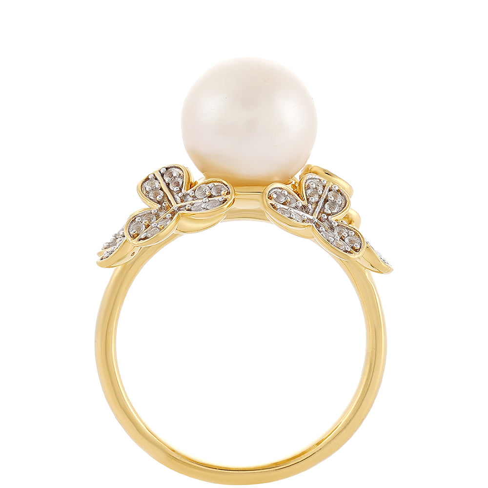 Arannyal Bevont Ezüst Gyűrű Barokk Édesvízi Tenyésztett Gyönggyel és Fehér Topázzal